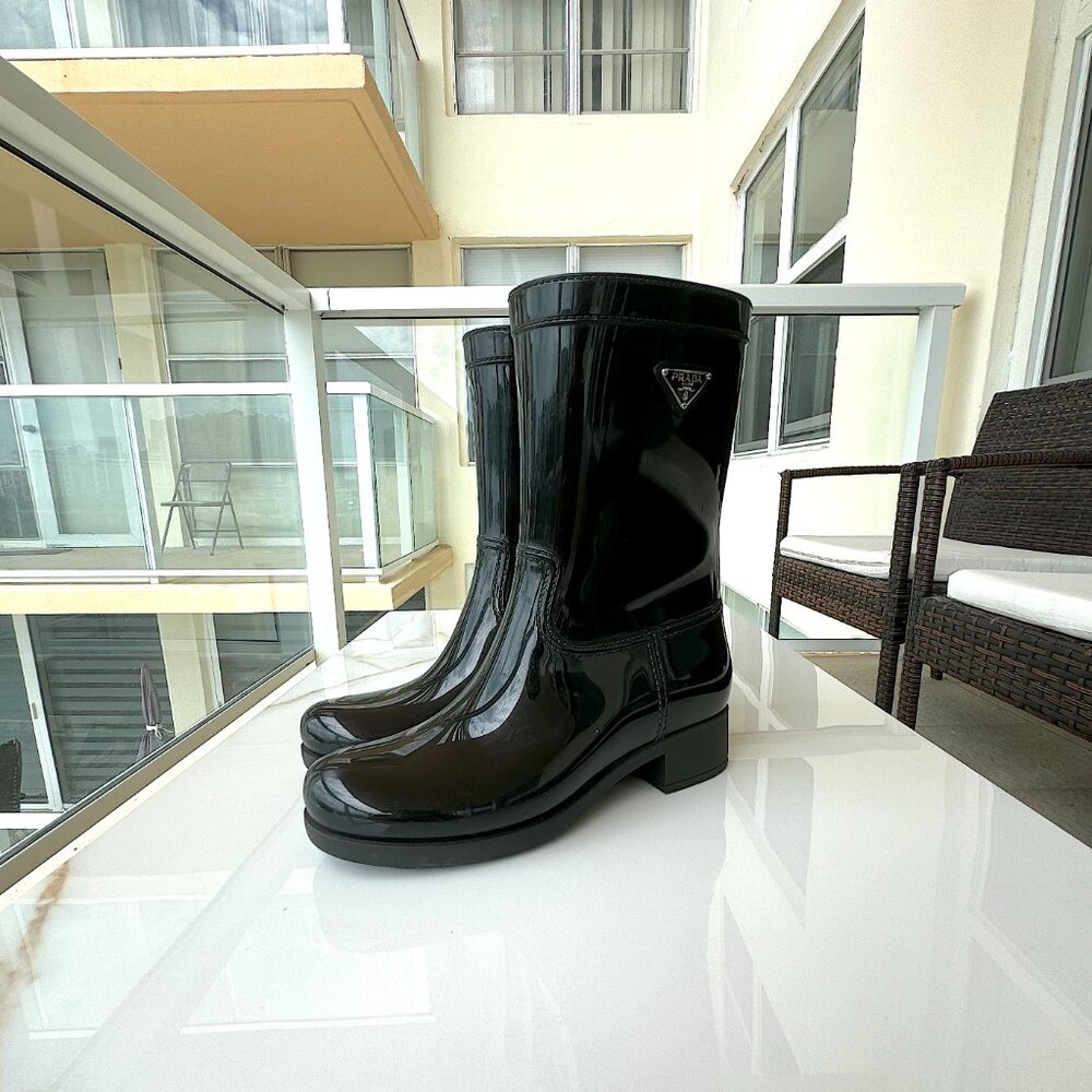 PRADA Black Sport Mid Calf Rubber Rain Boots Women Size 7 - Picture 6 of 12